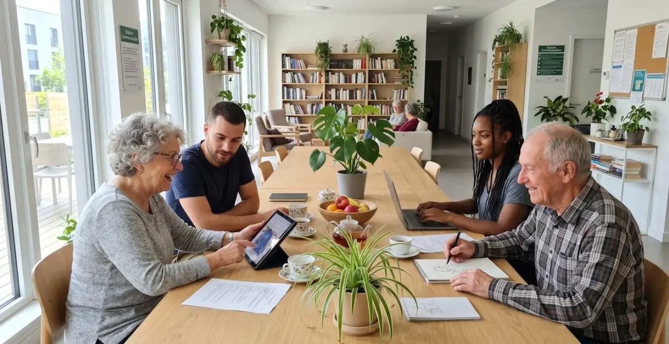 Espace de vie partagé lumineux dans une résidence intergénérationnelle avec seniors et jeunes adultes discutant autour d'une table commune, plantes vertes, ambiance conviviale
