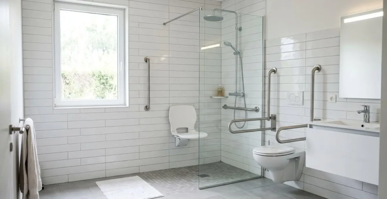 Salle de bain contemporaine adaptée avec douche à l'italienne, barres d'appui chromées discrètes, siège ergonomique rabattable et éclairage LED automatique