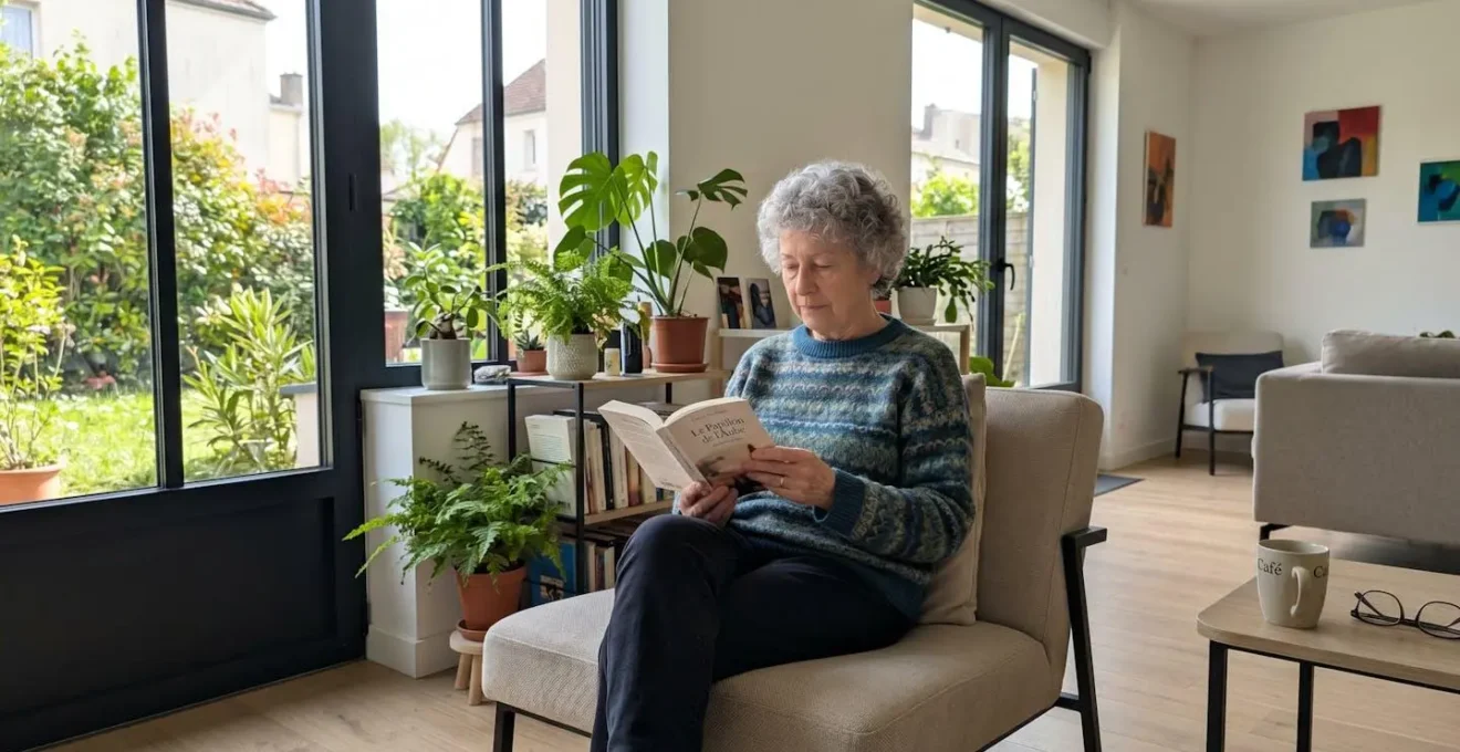 Senior actif dans un salon lumineux de résidence moderne avec baie vitrée, plantes vertes et mobilier contemporain