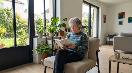 Senior actif dans un salon lumineux de résidence moderne avec baie vitrée, plantes vertes et mobilier contemporain