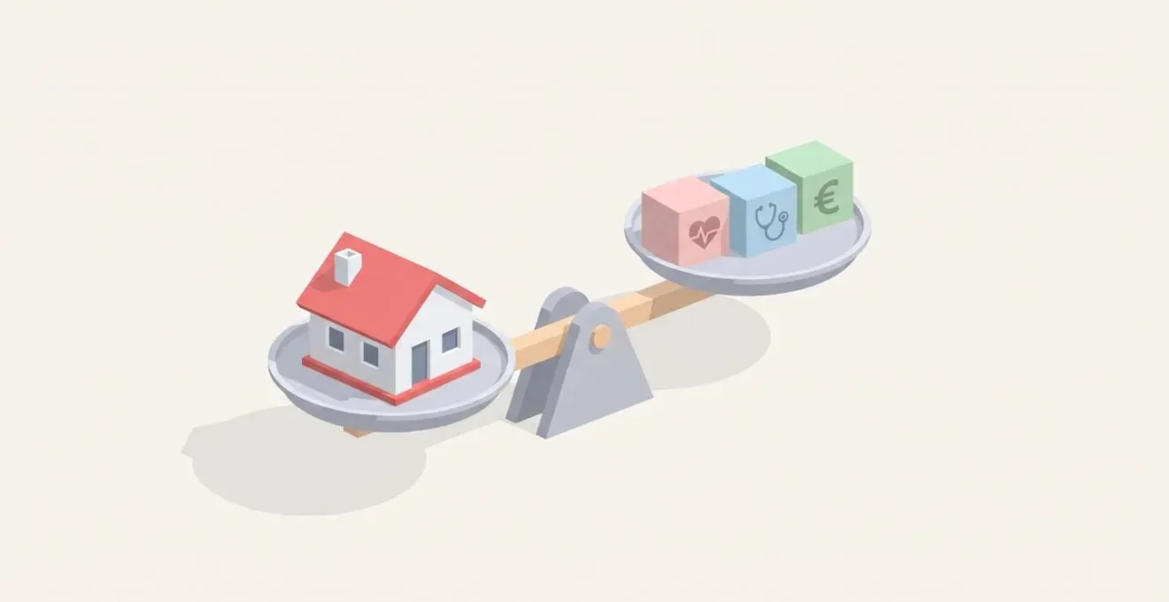 Illustration 3D d'une balance équilibrée, avec une maison miniature d'un côté et trois cubes symbolisant le bien-être, les soins et le coût de l'autre.