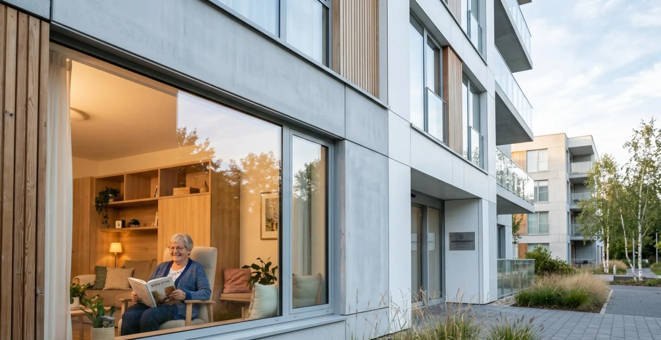 Façade moderne d'une résidence senior avec une résidente lisant paisiblement à travers une fenêtre au premier plan, et un panneau investissement sur la façade.