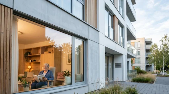 Façade moderne d'une résidence senior avec une résidente lisant paisiblement à travers une fenêtre au premier plan, et un panneau investissement sur la façade.