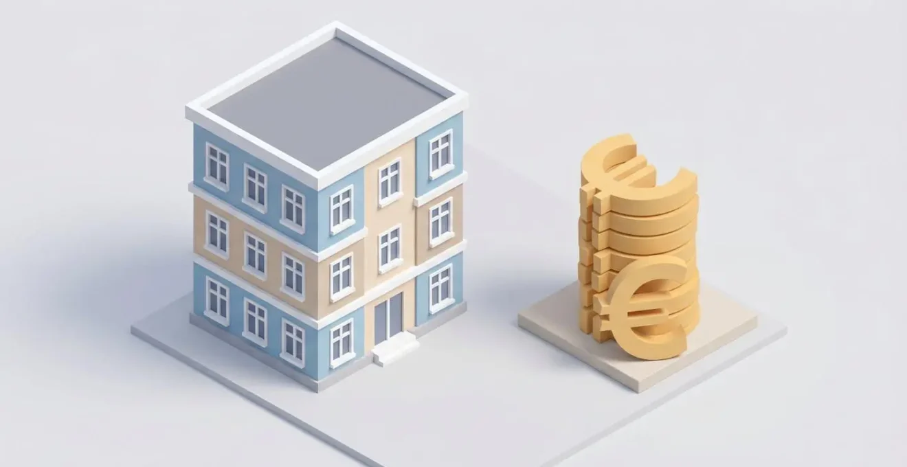 Illustration 3D isométrique d'un immeuble de résidence senior à côté d'un symbole euro, représentant la question du budget.