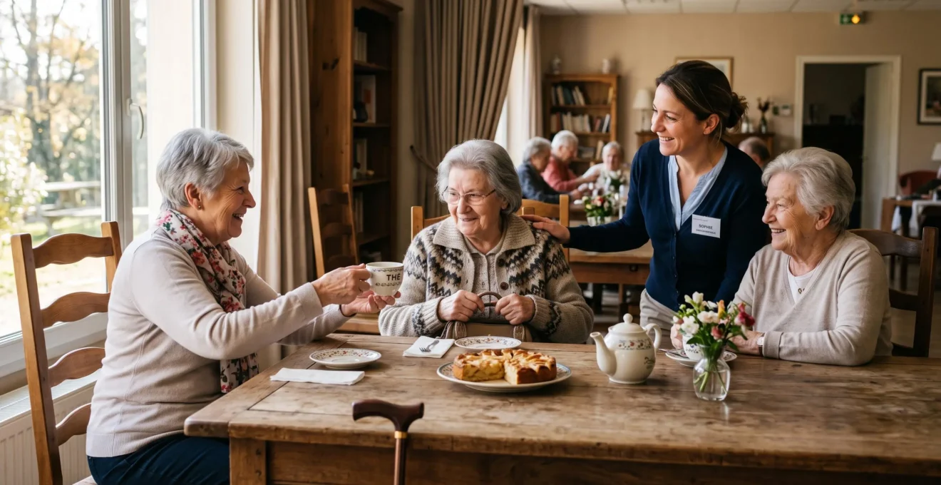 Nouvelle résidente accueillie chaleureusement par d'autres seniors et un membre du personnel lors d'un moment convivial autour d'une table dans une résidence autonomie
