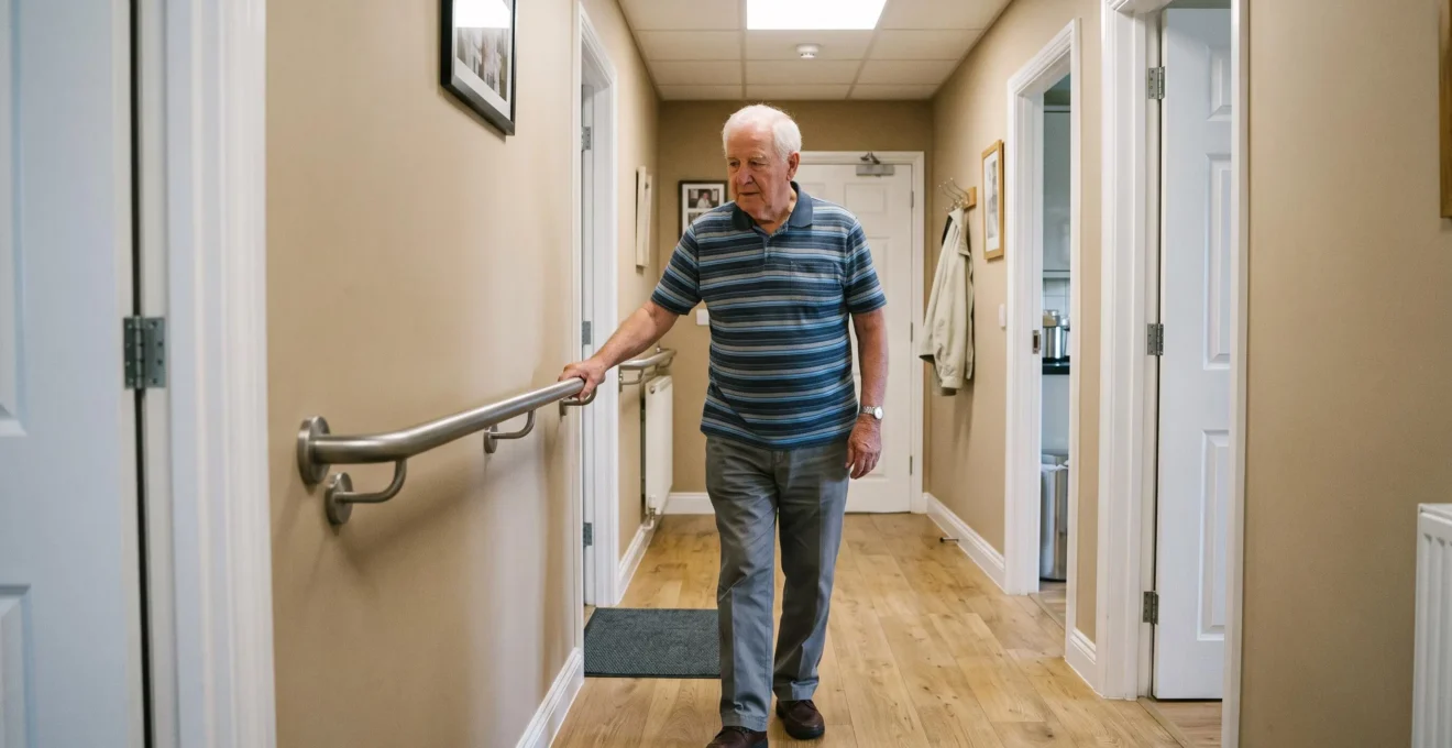 Un homme senior utilise une barre d'appui murale pour se stabiliser en marchant dans un couloir résidentiel sécurisé avec revêtement antidérapant et éclairage adapté.