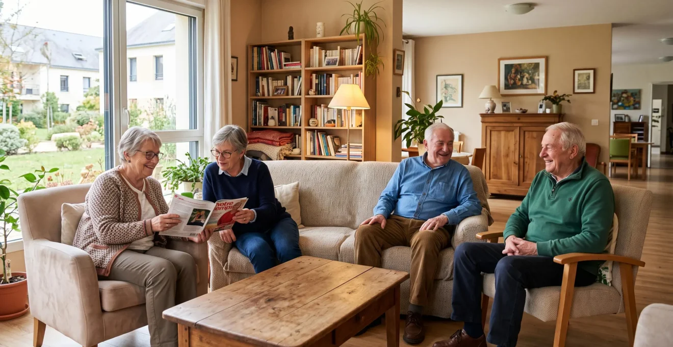 Espace de vie commun chaleureux d'une résidence autonomie avec des seniors autonomes en conversation conviviale dans un salon confortable et lumineux