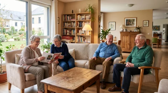 Espace de vie commun chaleureux d'une résidence autonomie avec des seniors autonomes en conversation conviviale dans un salon confortable et lumineux