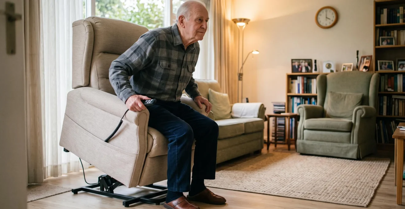 Un homme senior utilise la télécommande d'un fauteuil releveur électrique pour se lever en toute autonomie dans son salon confortable.