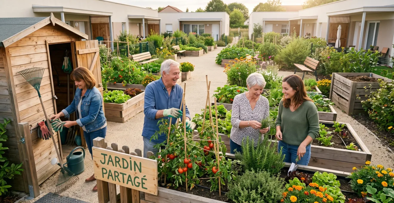 Jardin partagé intergénérationnel dans un village senior innovant avec résidents de différents âges cultivant ensemble des légumes dans un espace communautaire