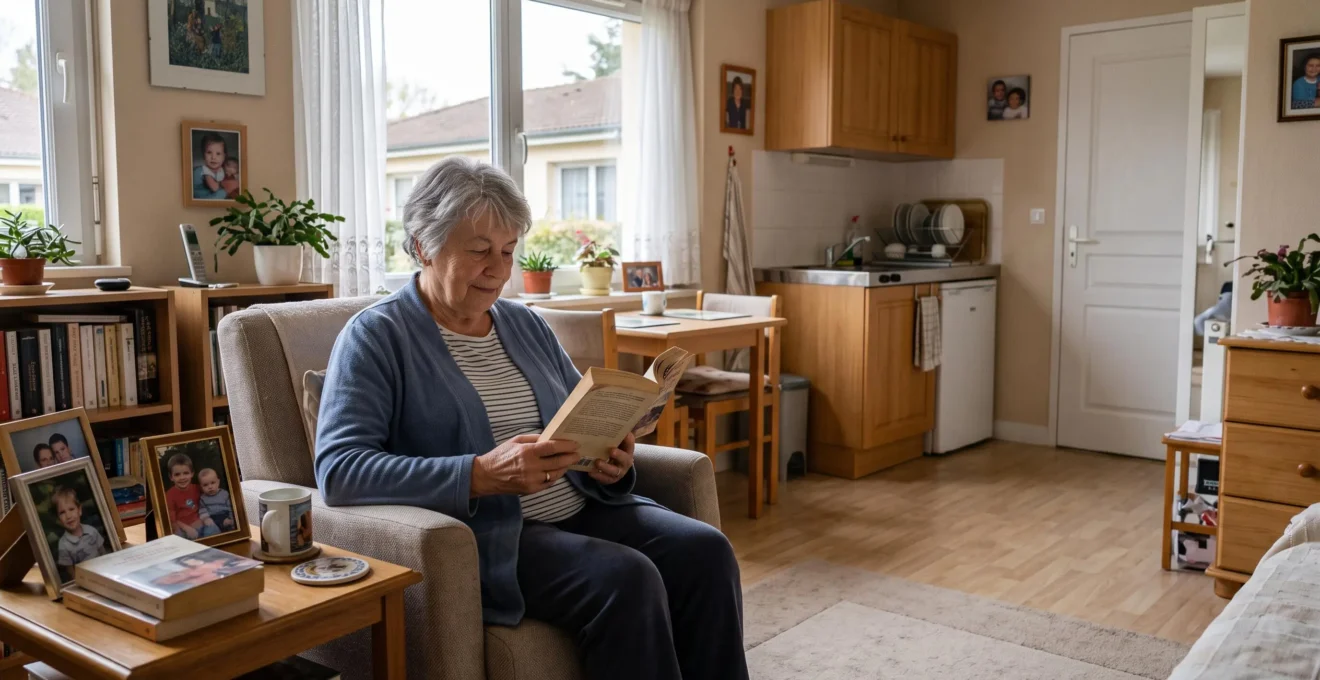 Femme senior autonome lisant confortablement dans son studio privatif personnalisé au sein d'une résidence autonomie
