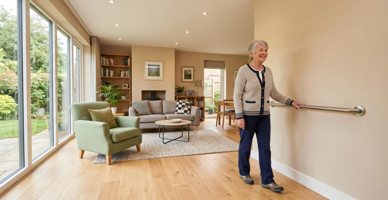 Une femme senior se déplace naturellement dans son salon adapté en utilisant une barre d'appui murale, dans un intérieur lumineux et sécurisé.