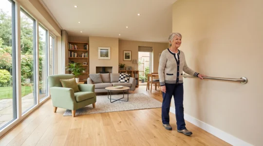 Une femme senior se déplace naturellement dans son salon adapté en utilisant une barre d'appui murale, dans un intérieur lumineux et sécurisé.